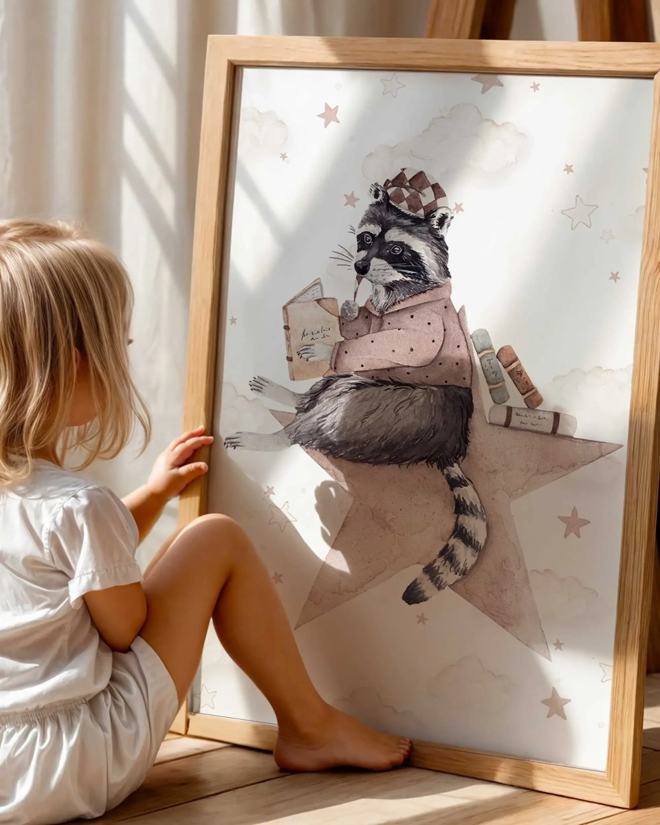 Szop z książką na gwiazdce – Plakat na ścianę dla dzieci – Mała Pracownia