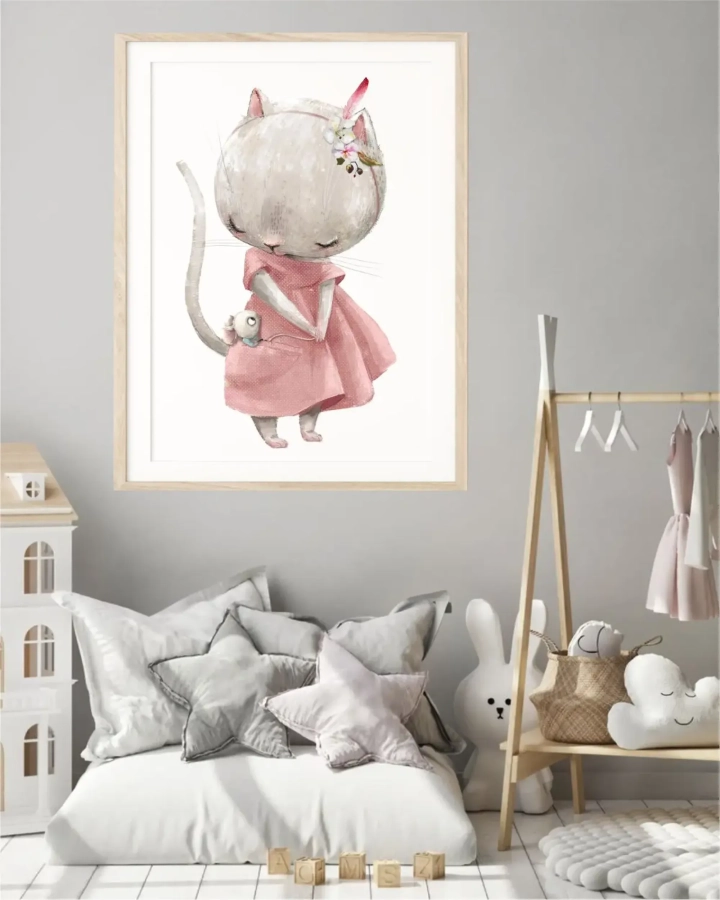 Kotek z myszką – plakat dla dziewczynki – Mała Pracownia