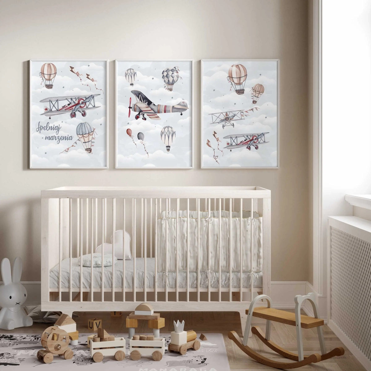 Tryptyk Samoloty i Balony Retro nad łóżeczkiem – Wzory 4–5 –6– Mała Pracownia