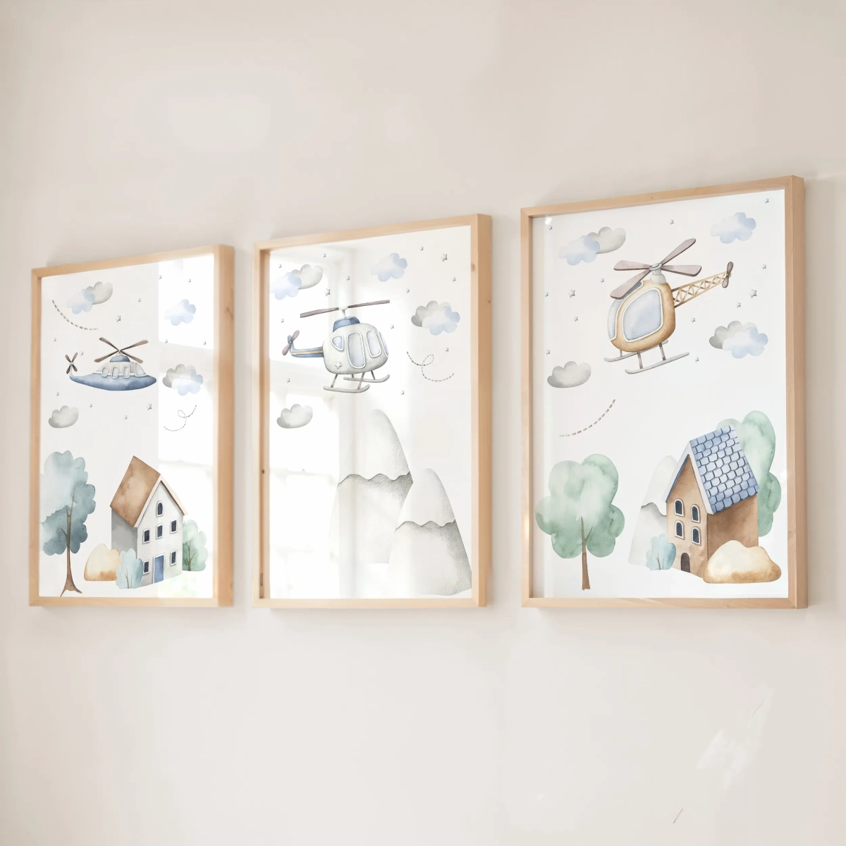 Zestaw plakatów akwarelowych z helikopterami i chmurkami, dekoracja do pokoju chłopca