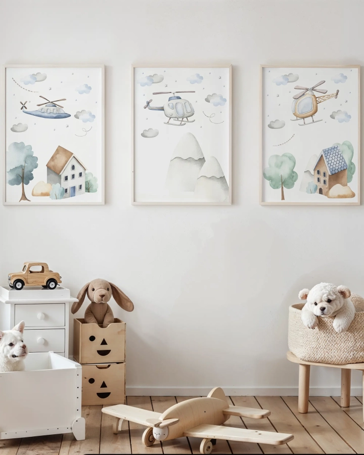 Pastelowy zestaw trzech plakatów z helikopterami, górami i domkami do pokoju dziecka
