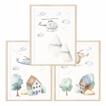 Tryptyk plakatów z helikopterami w jasnych kolorach, idealny do dziecięcej aranżacji