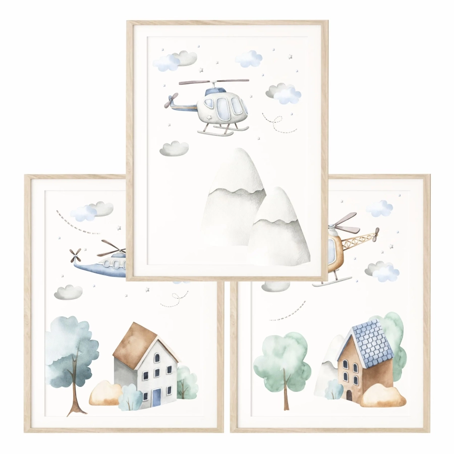 Tryptyk plakatów z helikopterami w jasnych kolorach, idealny do dziecięcej aranżacji
