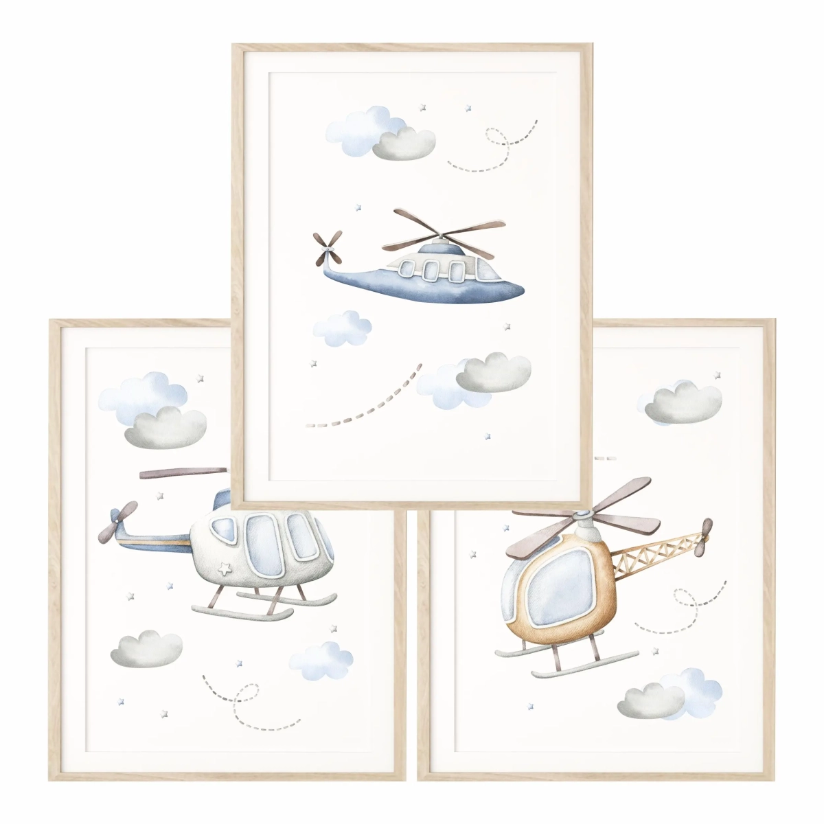 Zestaw trzech plakatów z samolotem i helikopterami na białym tle