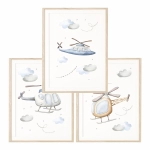 Zestaw trzech plakatów z samolotem i helikopterami na białym tle