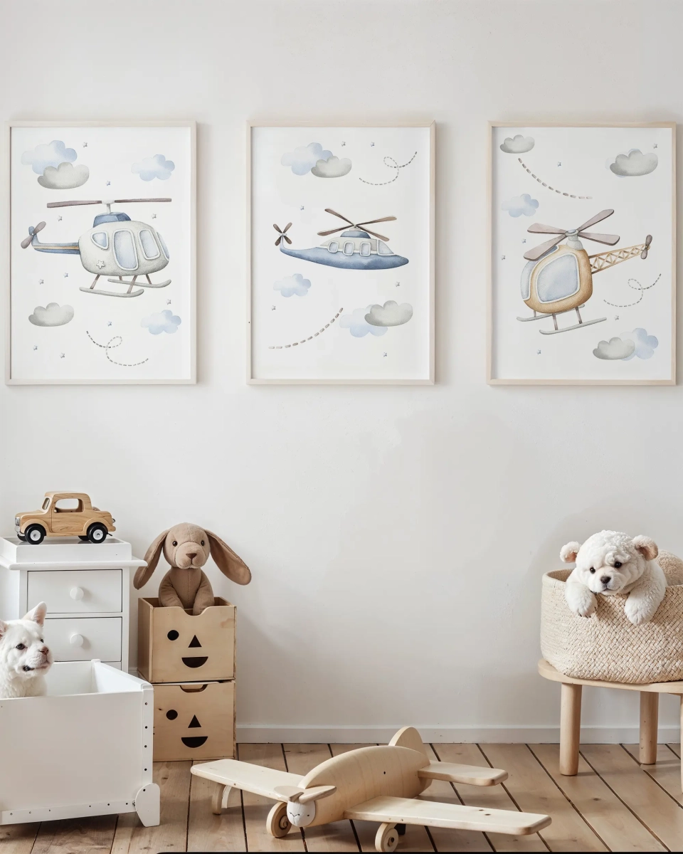 Zestaw trzech plakatów z samolotem i helikopterami w pokoju dziecka