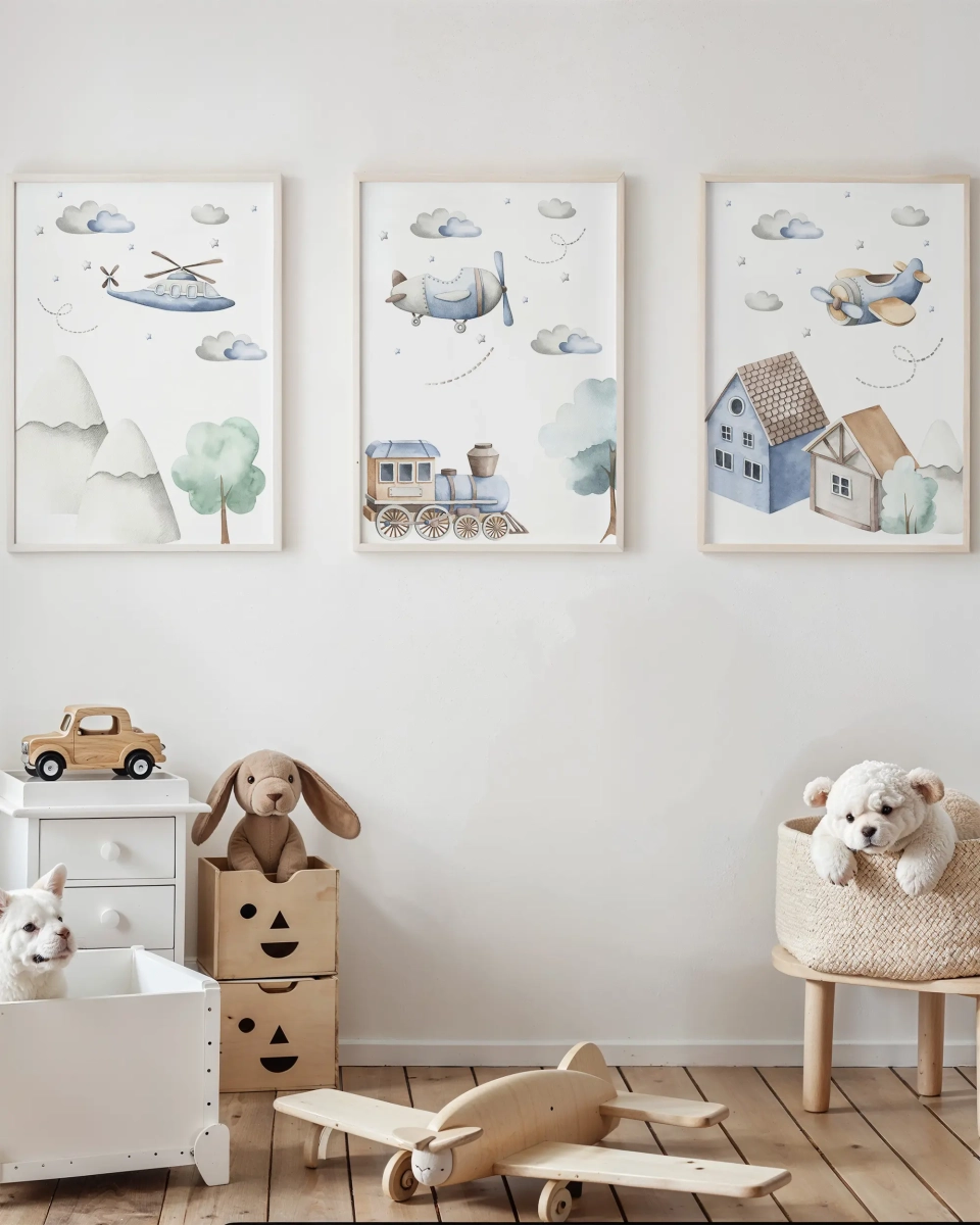 Pastelowy zestaw plakatów z helikopterem, górami i domkiem – dekoracja do pokoju dziecka