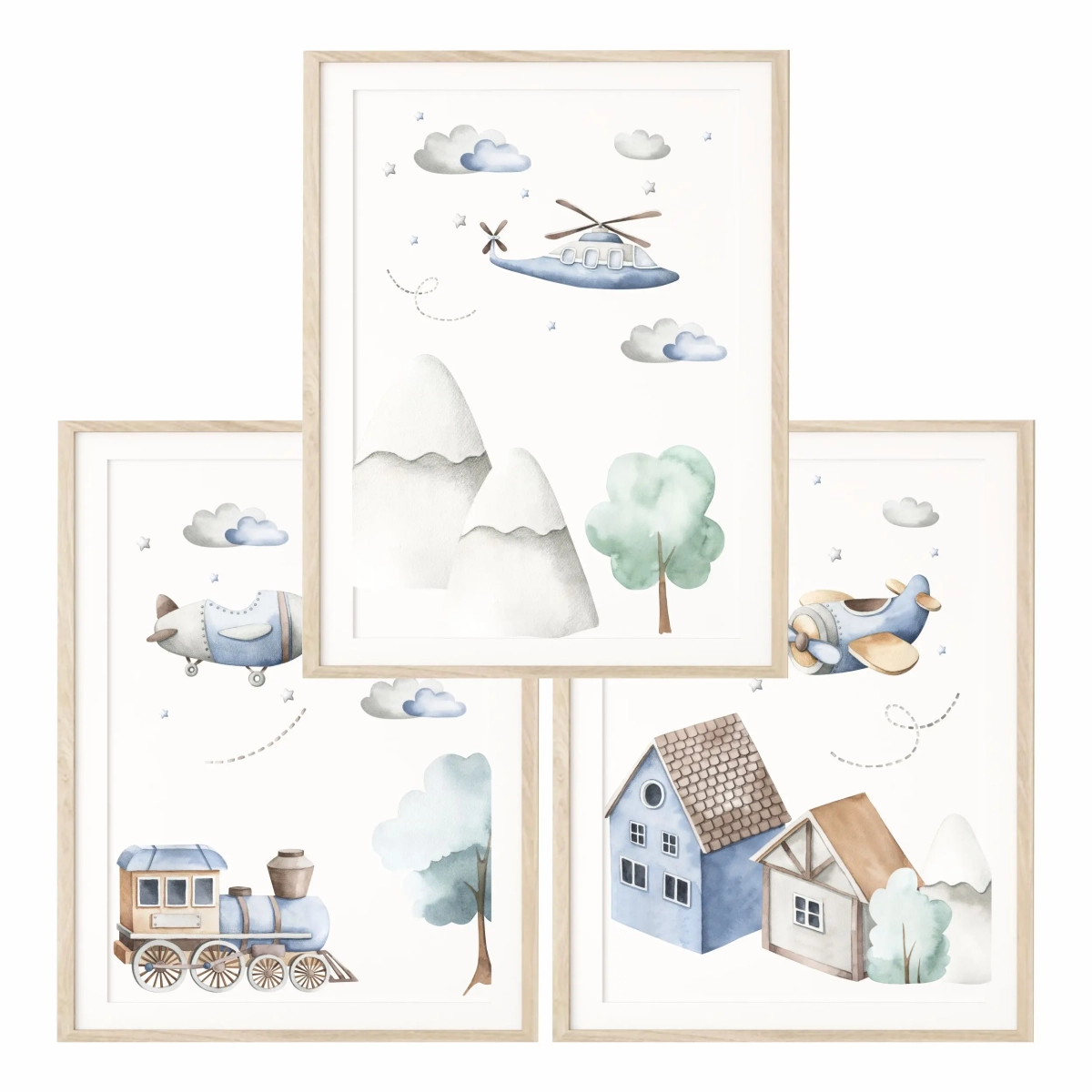 Pastelowy zestaw plakatów z helikopterem, samolotem i pociągiem – do pokoju dziecka