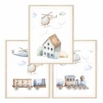 Zestaw trzech plakatów z helikopterem, pociągiem i domkiem na białym tle