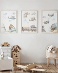 Zestaw plakatów z helikopterem, pociągiem i domkiem w pokoju dziecka