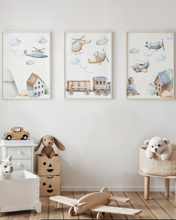 Zestaw plakatów z helikopterem, pociągiem i domkiem w pokoju dziecka