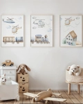 Zestaw plakatów z helikopterami, domkiem i pociągiem do pokoju dziecka
