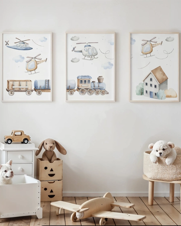 Zestaw plakatów z helikopterami, domkiem i pociągiem do pokoju dziecka