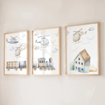 Ilustracje z helikopterami, domkiem i retro pociągiem w jasnych ramkach