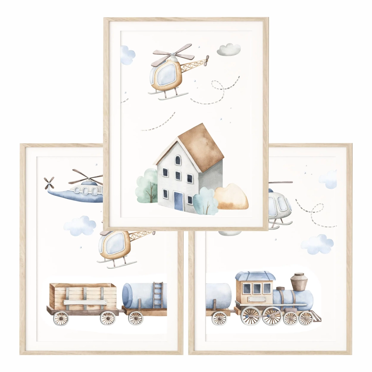 Pastelowe plakaty transportowe z helikopterem i pociągiem – dekoracja dla dzieci