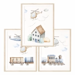 Pastelowe plakaty transportowe z helikopterem i pociągiem – dekoracja dla dzieci
