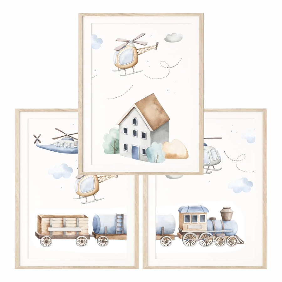 Pastelowe plakaty transportowe z helikopterem i pociągiem – dekoracja dla dzieci