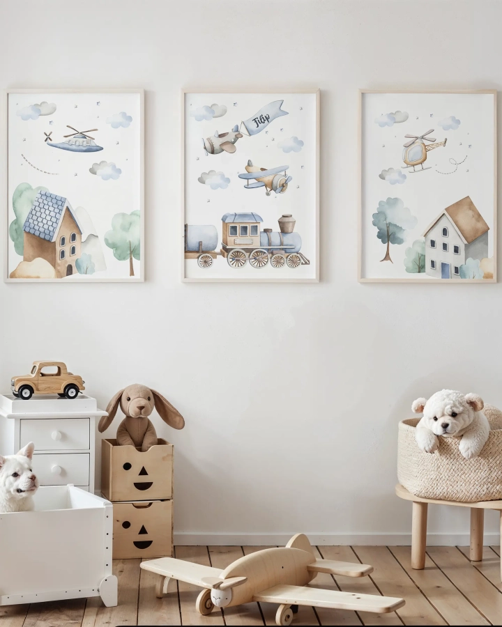 Pastelowy zestaw plakatów z samolotami i lokomotywą do pokoju dziecka