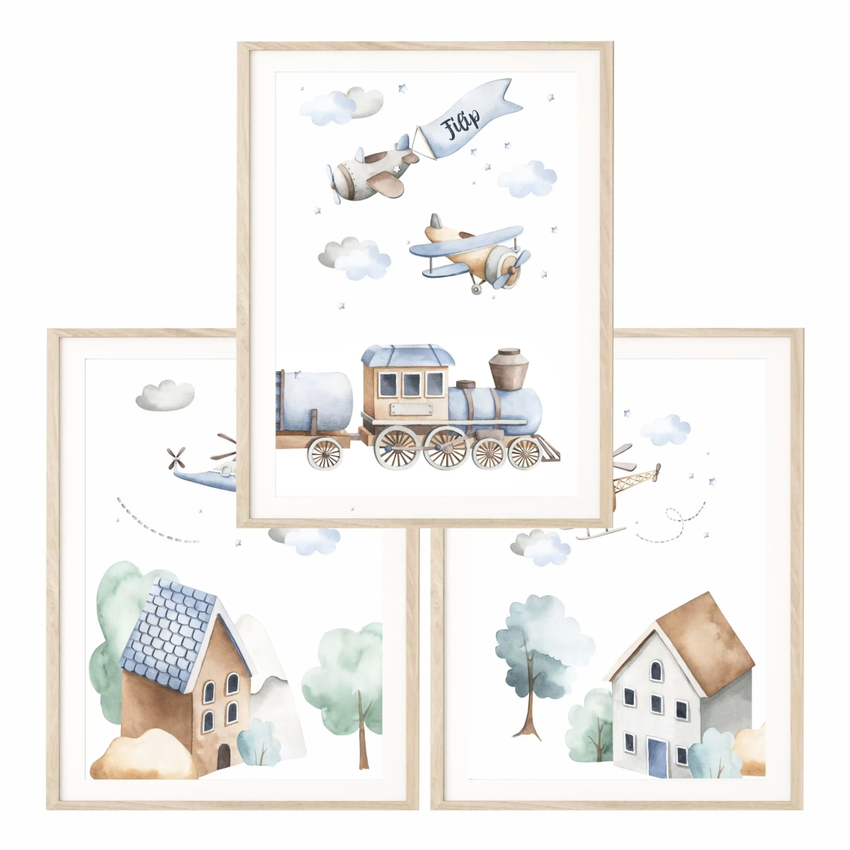 Ilustracje z samolotami, ciuchcią i domkami — dekoracja ścienna dla chłopca