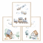 Ilustracje z samolotami, ciuchcią i domkami — dekoracja ścienna dla chłopca