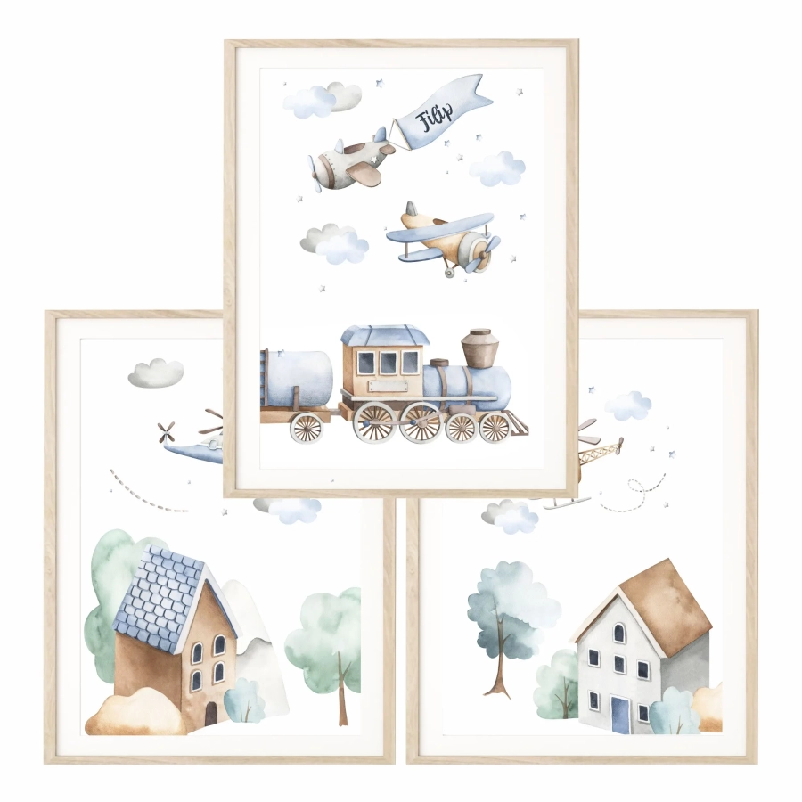 Ilustracje z samolotami, ciuchcią i domkami — dekoracja ścienna dla chłopca