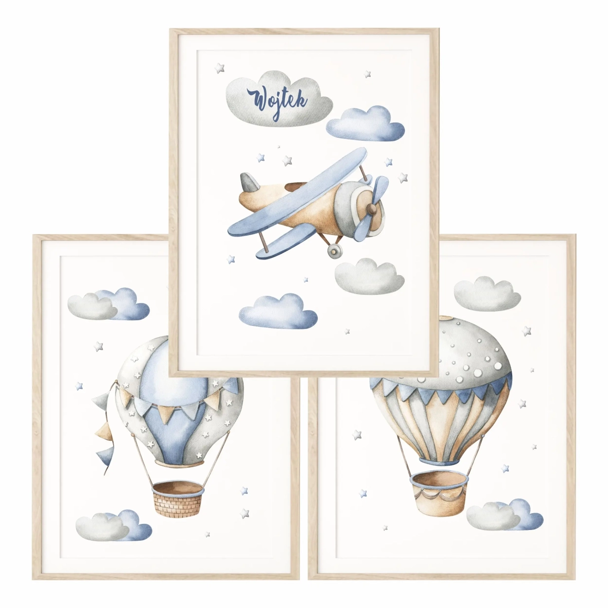 Ilustracje z samolotem, balonami i chmurkami — dekoracja dla chłopca