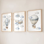 Zestaw trzech plakatów w jasnych kolorach z motywem lotniczym