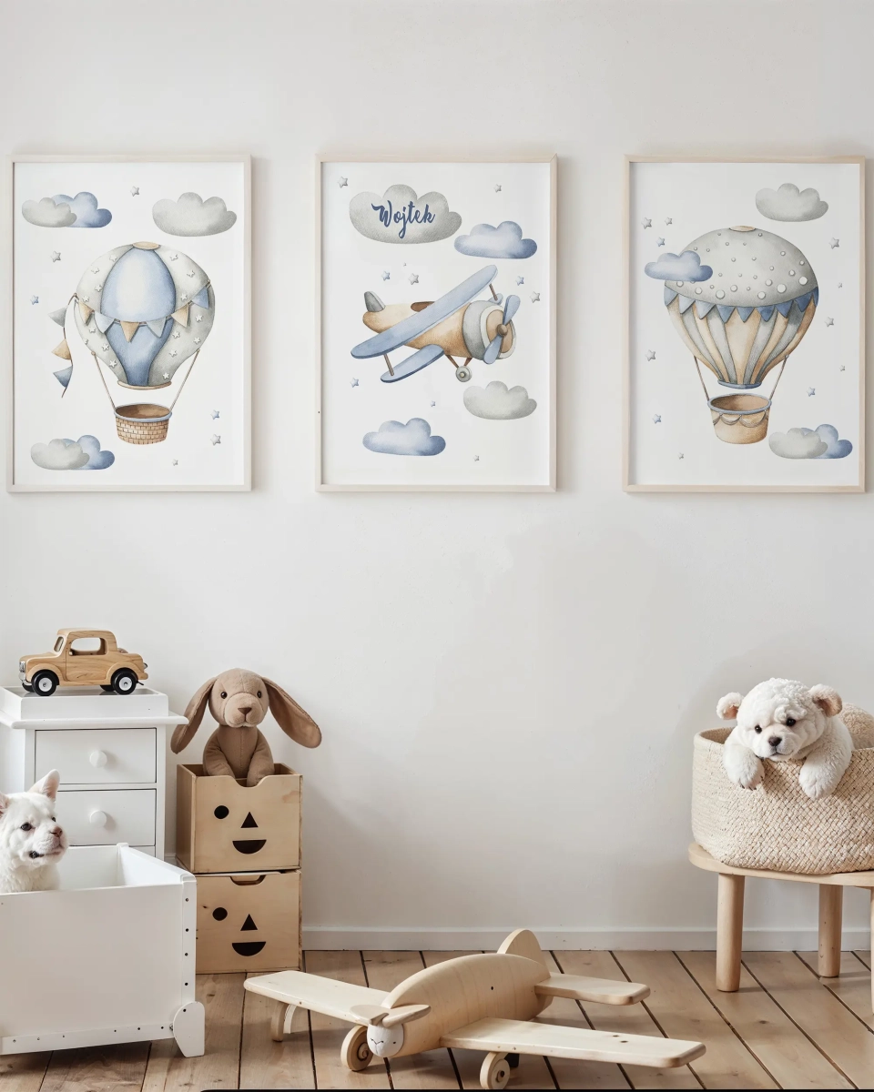 Pastelowy zestaw plakatów z samolotem i balonami do pokoju dziecka
