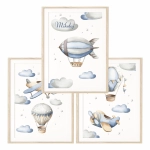 Ilustracje balonu, sterowca i samolotów w jasnych kolorach – dekoracja ścienna do pokoju chłopca