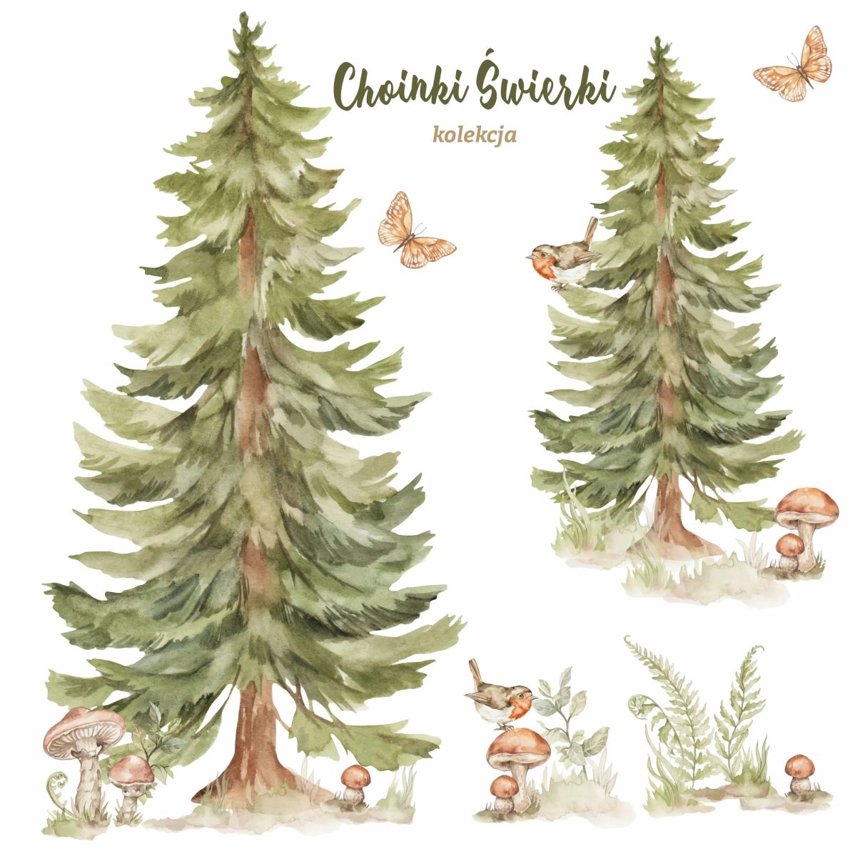 Formatka naklejki Las – świerki i leśne dodatki – Mała Pracownia