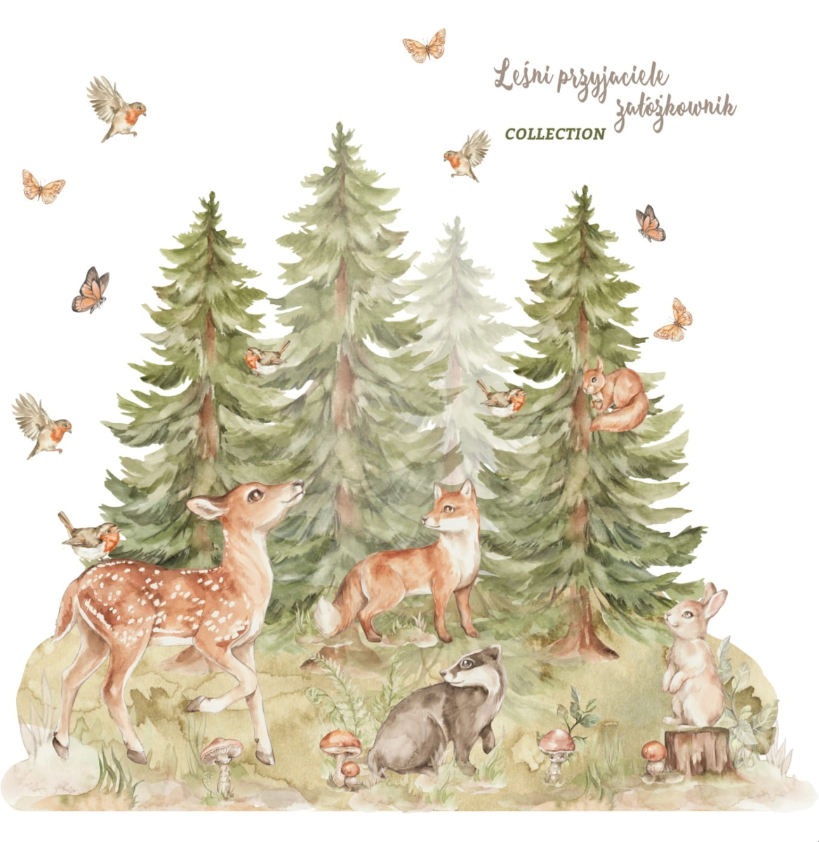 Ilustracja akwarelowa leśnych zwierząt: lisek, sarenka, borsuk, zajączek, wiewiórka – naklejka nad łóżko – Mała Pracownia