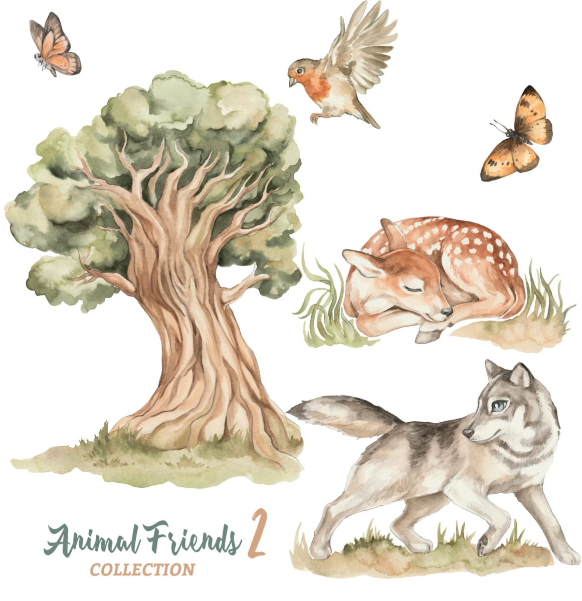 Zestaw naklejek Leśni Przyjaciele II — wilk, sarenka, drzewo – Mała Pracownia