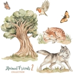 Zestaw naklejek Leśni Przyjaciele II — wilk, sarenka, drzewo – Mała Pracownia