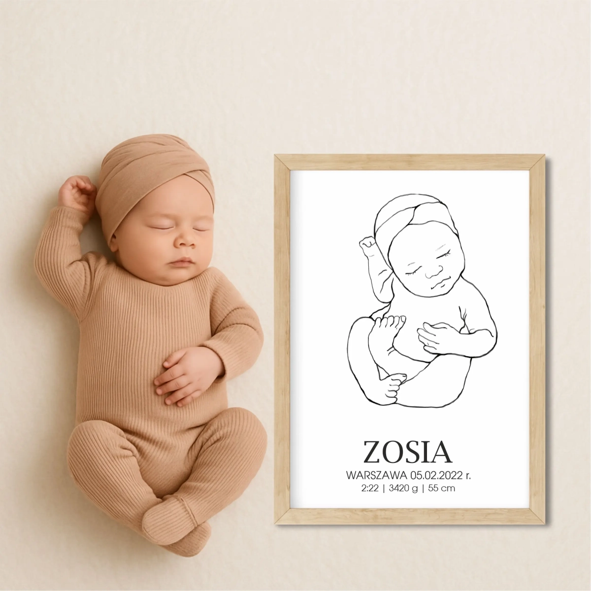 Metryczka Line Art Nr 3 – plakat szkic niemowlęcia – Mała Pracownia