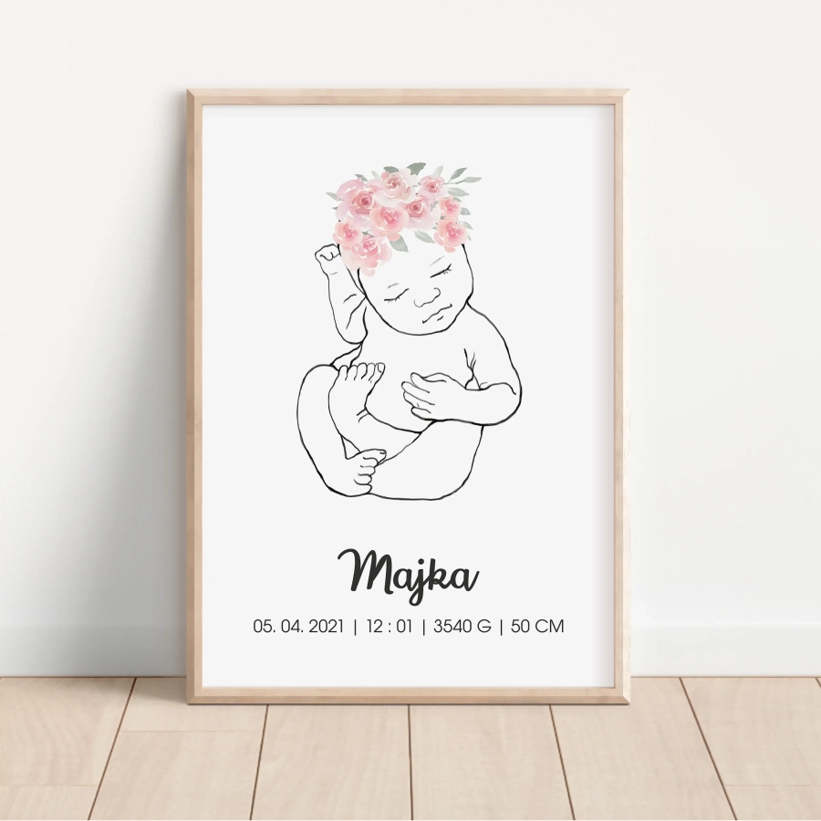 Metryczka Line Art Nr 2 – szkic niemowlęcia – Mała Pracownia