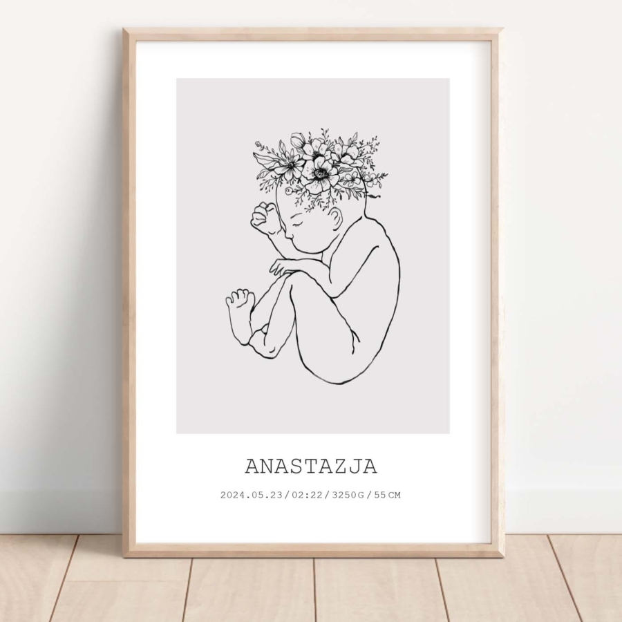 Personalizowana metryczka Line Art Nr 4 – rysunek niemowlęcia – Mała Pracownia