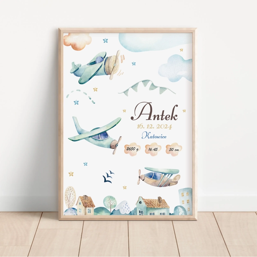 Metryczka Samoloty – Plakat dla dziecka – Mała Pracownia