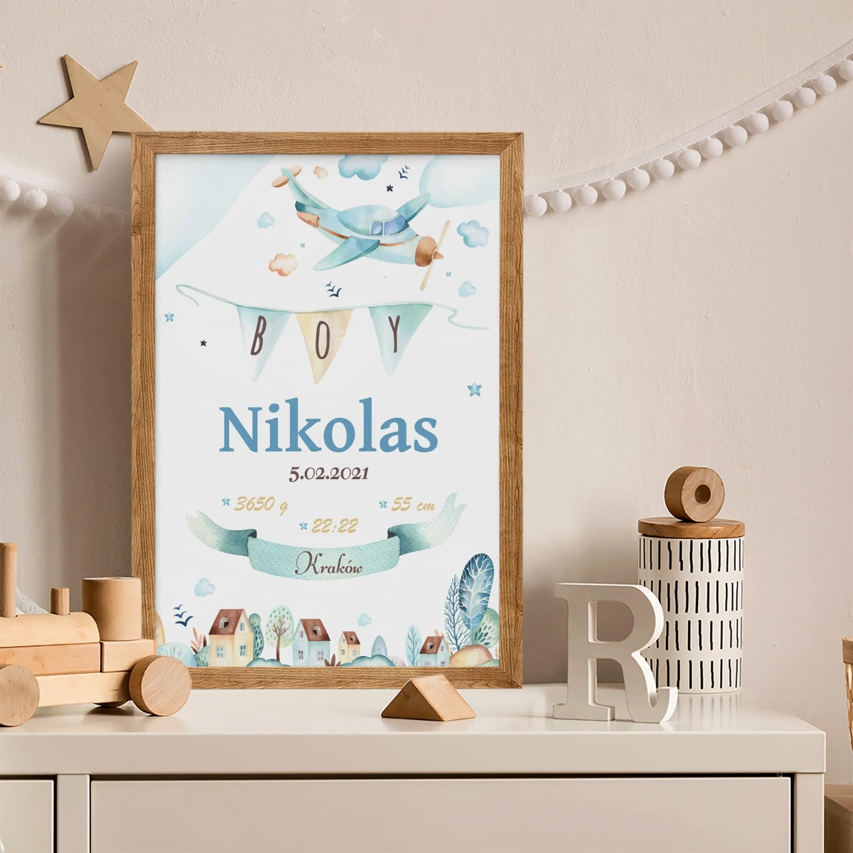 Akwarelowa Metryczka Samolot – dekoracja pokoju – Mała Pracownia