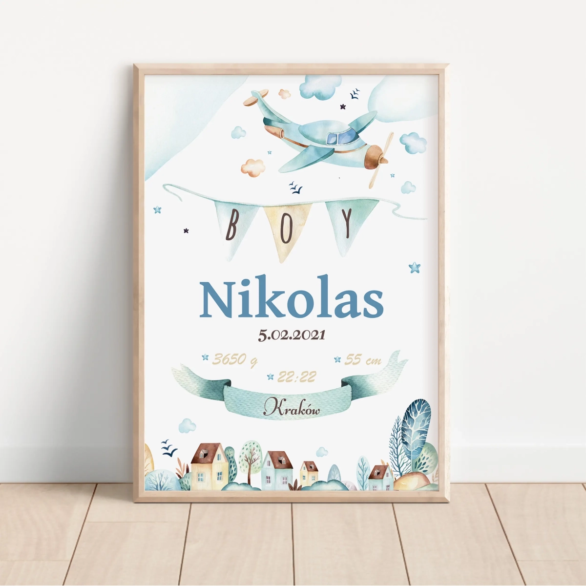 Metryczka Samolot akwarela – Plakat dla chłopca – Mała Pracownia