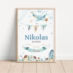 Metryczka Samolot akwarela – Plakat dla chłopca – Mała Pracownia