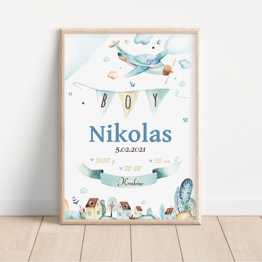 Metryczka Samolot akwarela – Plakat dla chłopca – Mała Pracownia