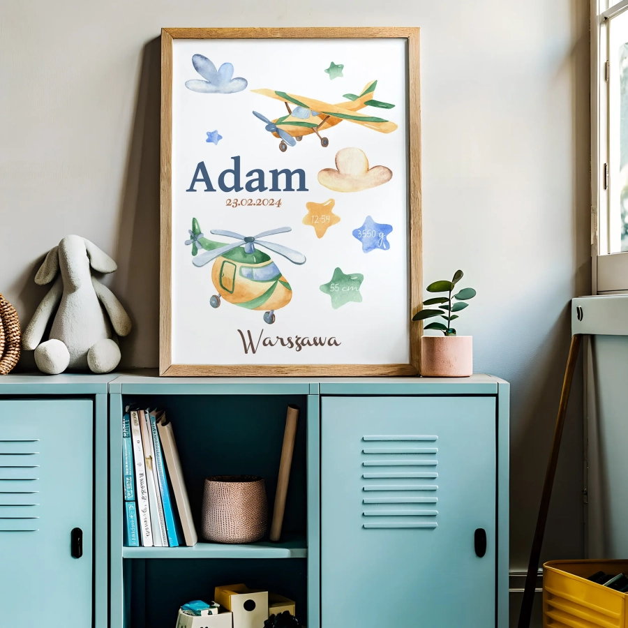 Plakat lotniczy z personalizacją – Samolot i Śmigłowiec – Mała Pracownia