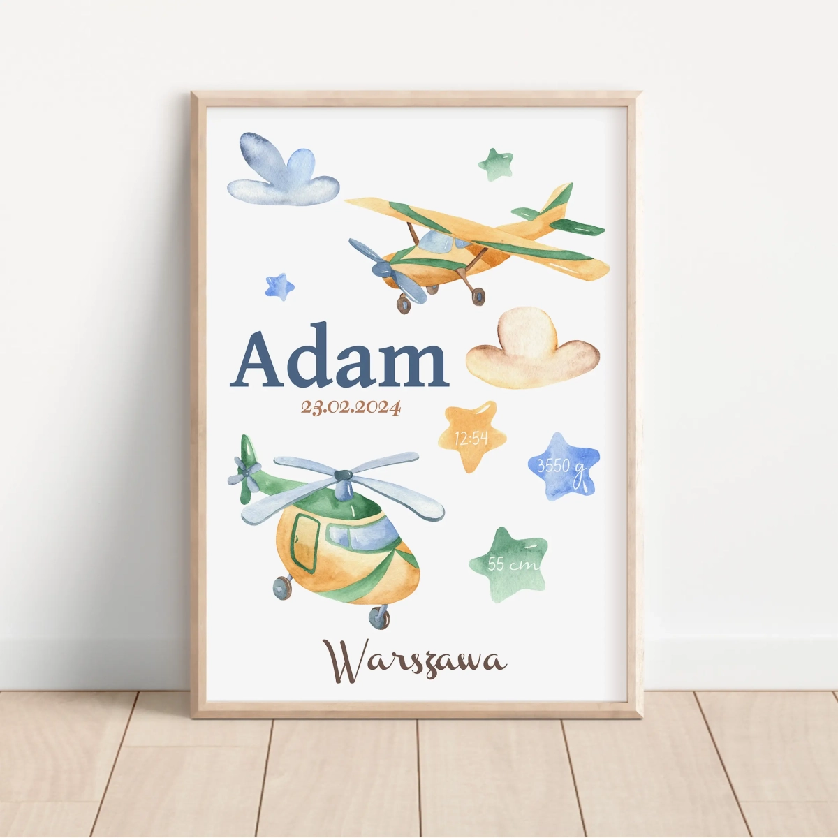 Metryczka Samolot i Śmigłowiec – plakat dla chłopca – Mała Pracownia