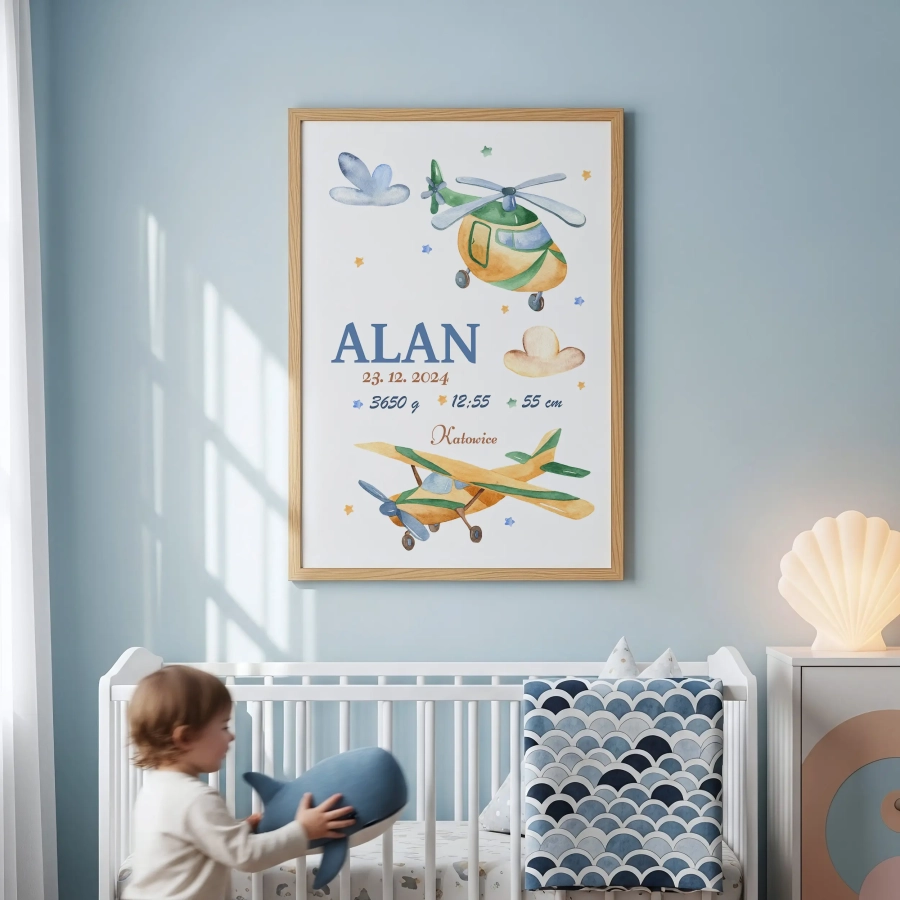 Akwarelowa metryczka lotnicza dla chłopca – Mała Pracownia