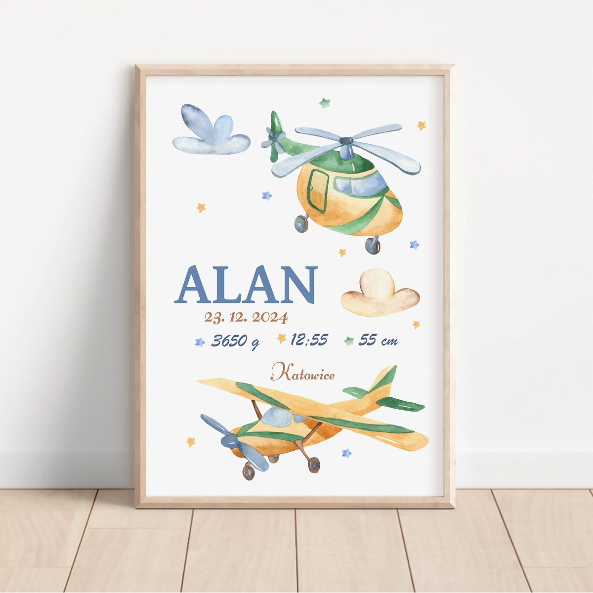 Metryczka Helikopter i Samolot – plakat dla chłopca – Mała Pracownia