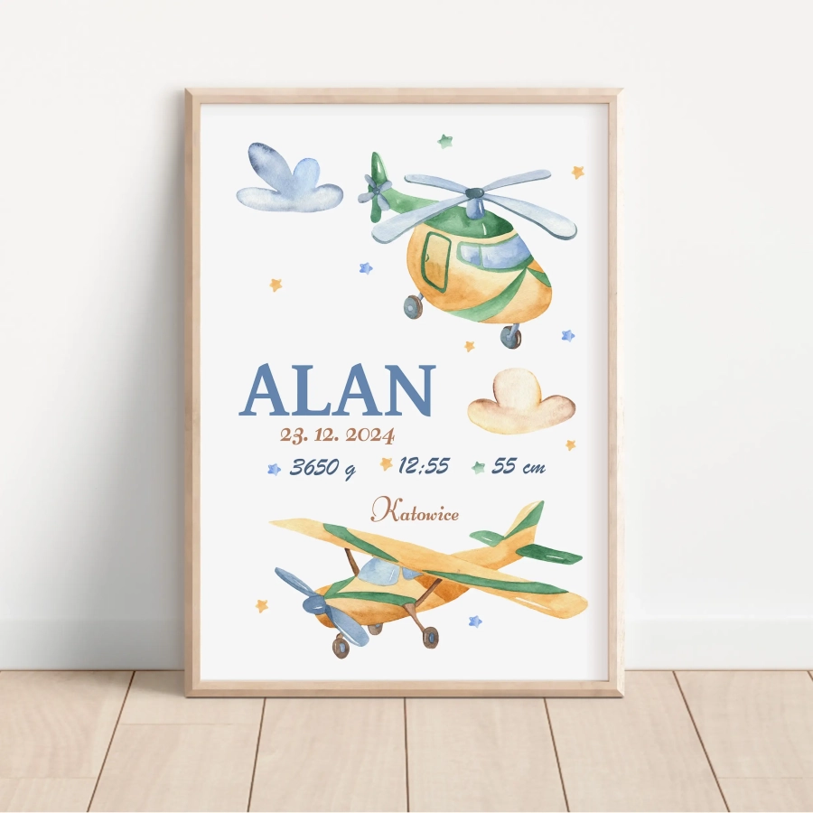 Metryczka Helikopter i Samolot – plakat dla chłopca – Mała Pracownia