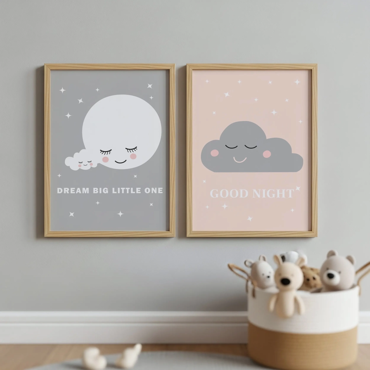 Plakaty Chmurka Good Night i Chmurka Dream Big – zestaw na ścianę – Mała Pracownia