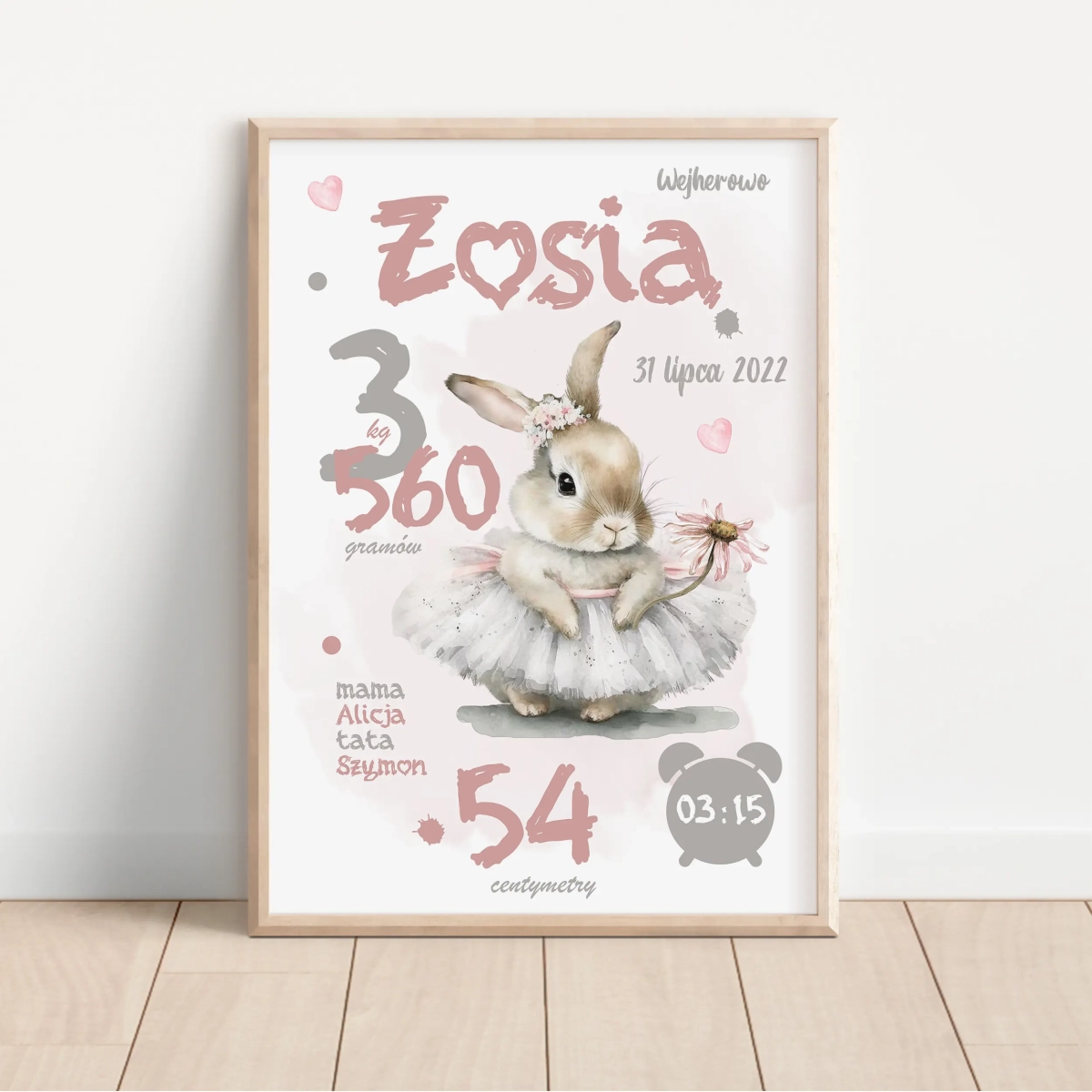 Metryczka z imieniem – Króliczek w tutu z kwiatkiem | Mała Pracownia