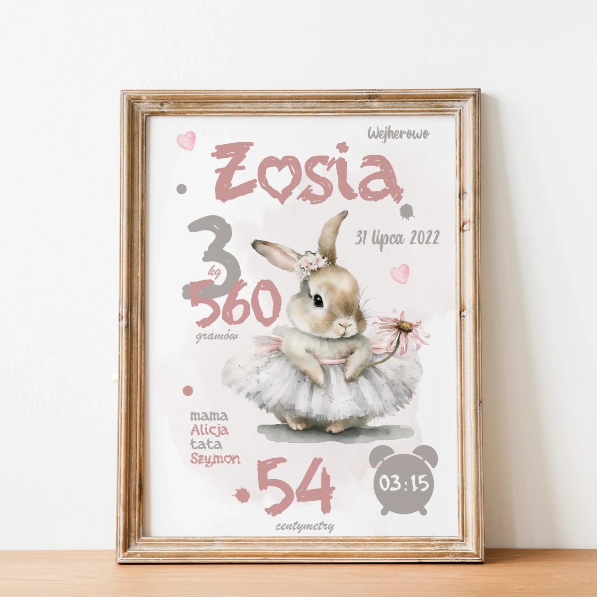 Metryczka niemowlęca z króliczkiem i kwiatkiem – Mała Pracownia