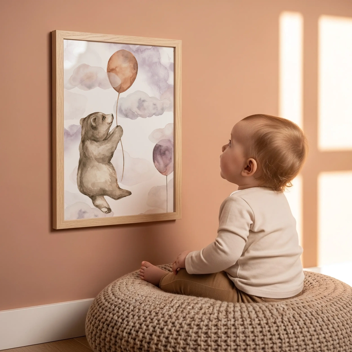 Akwarelowy plakat Prosiaczek na chmurce Happy Flight w pokoju niemowlęcym – Mała Pracownia